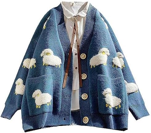 Women Long Sleeve Knit Loose Cardigan Cartoon Sheep V-Neck Button